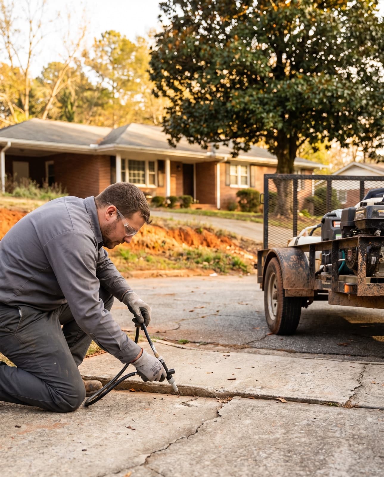 A concrete leveling technician kneeling beside a slightly sunken driveway slab in a hilly Birmingham suburb, with a lifting rig parked behind him