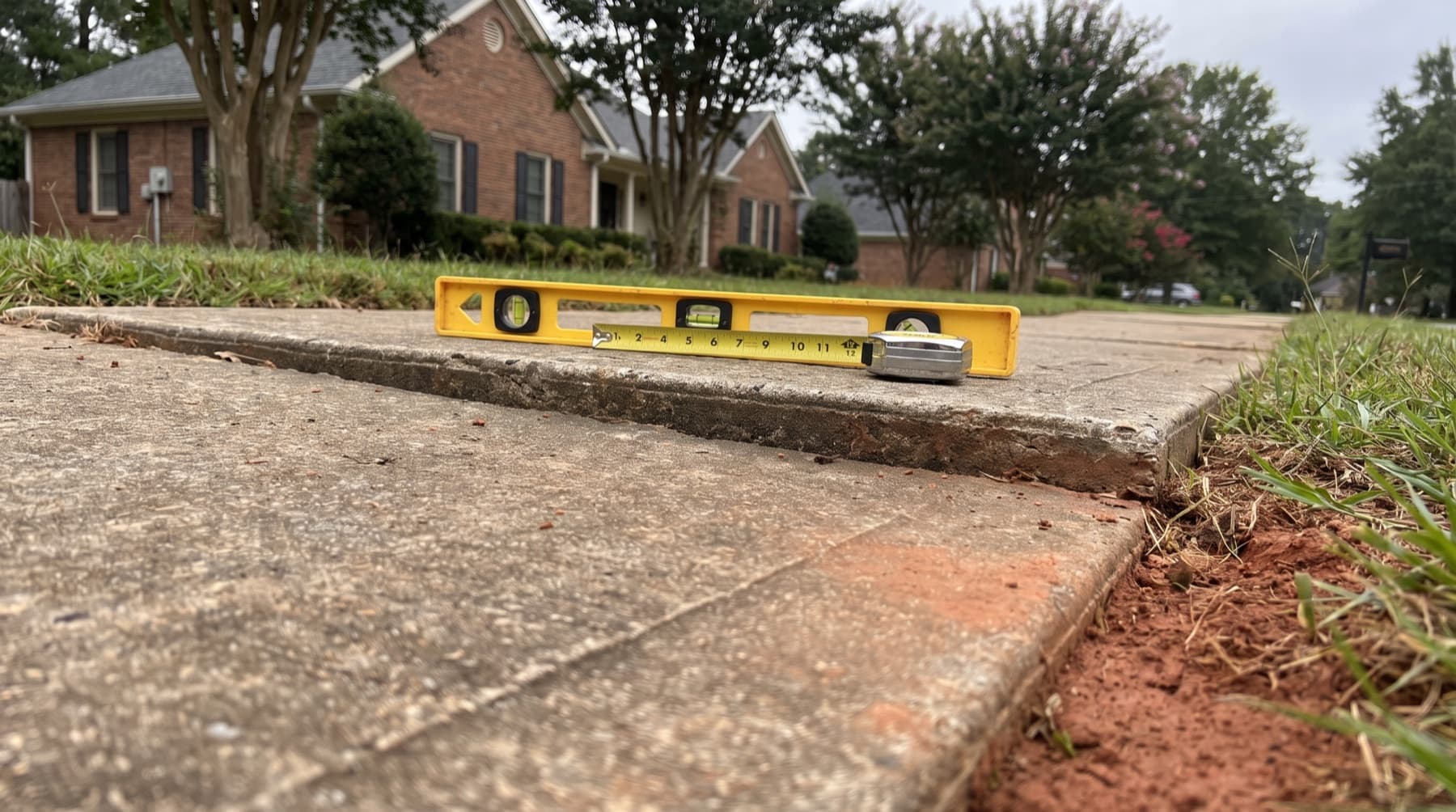 A raised edge between two sidewalk panels with a yellow level and tape measure resting across the joint beside red clay soil